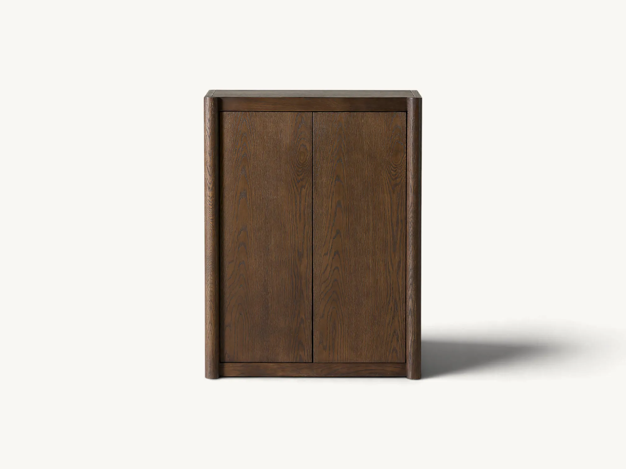 Two door wooden entryway storage cabinet in dark brown finish with handleless doors and rounded side posts