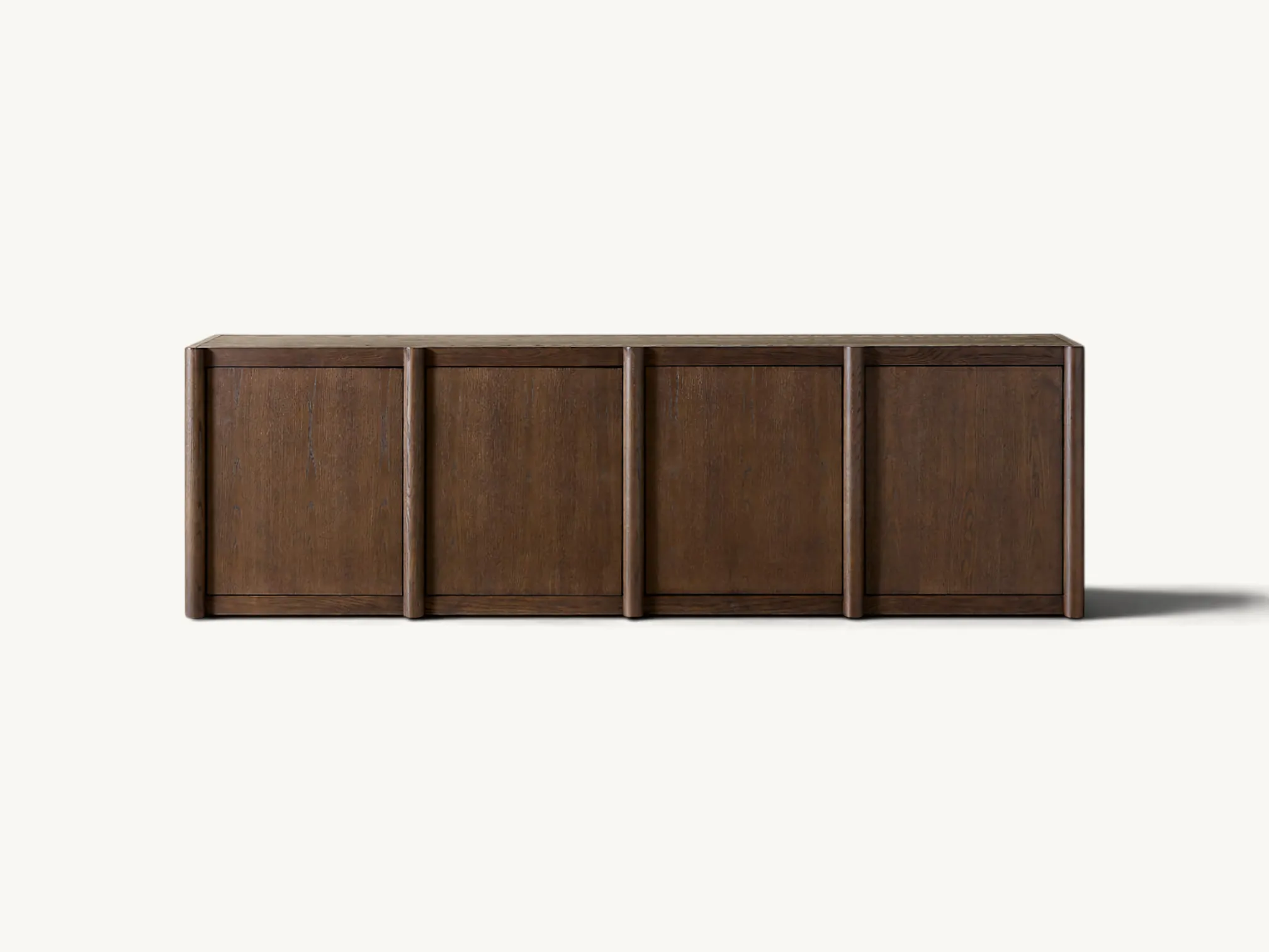 Four door wooden media console sideboard in dark brown finish with handleless doors and subtle vertical accents