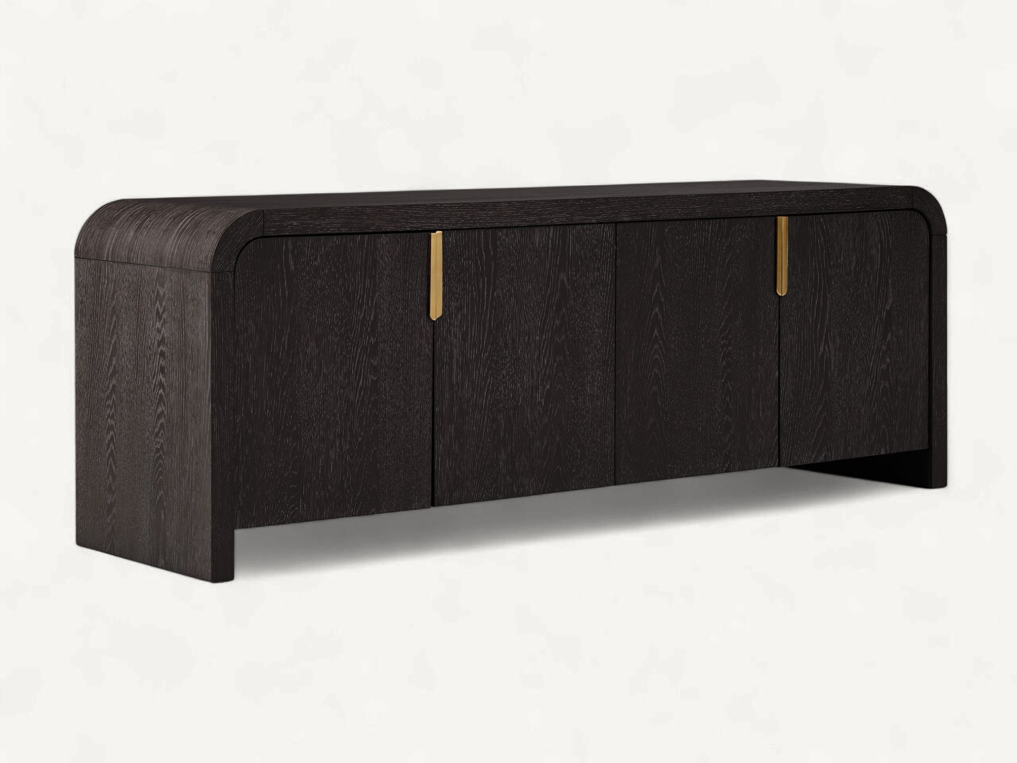 Modern dark wood media console with rounded edges, four doors, gold metal hardware, and minimalist teak grain texture.