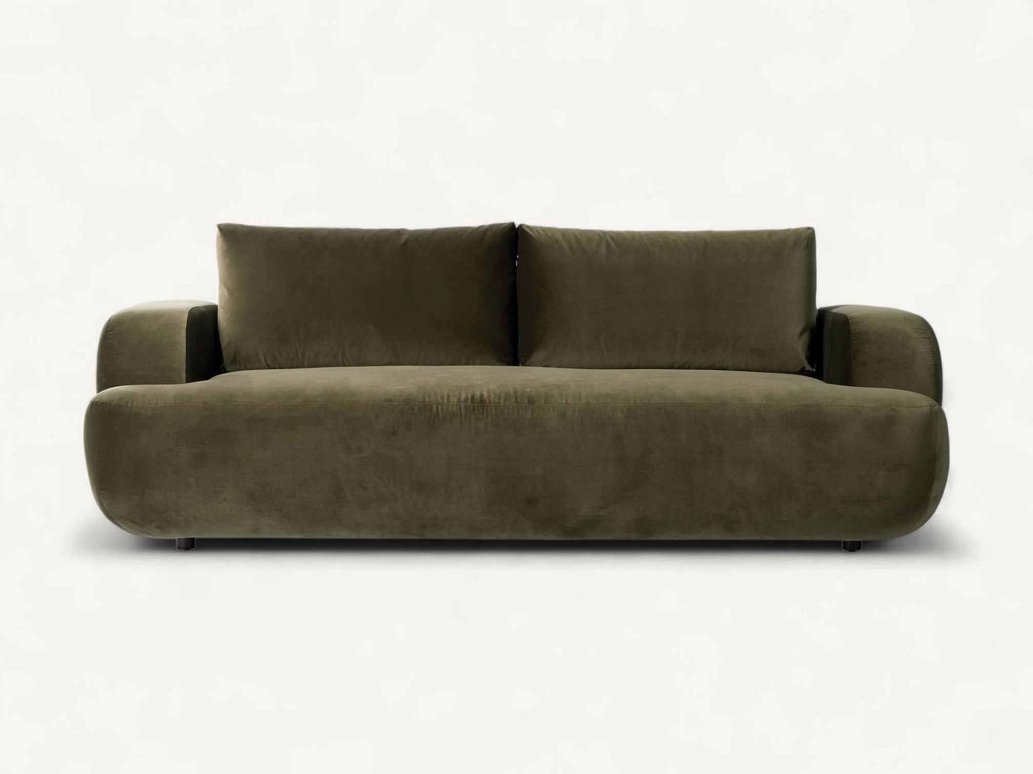 Luxurious olive green velvet sofa with a rounded, low-profile design in a contemporary living room setting.