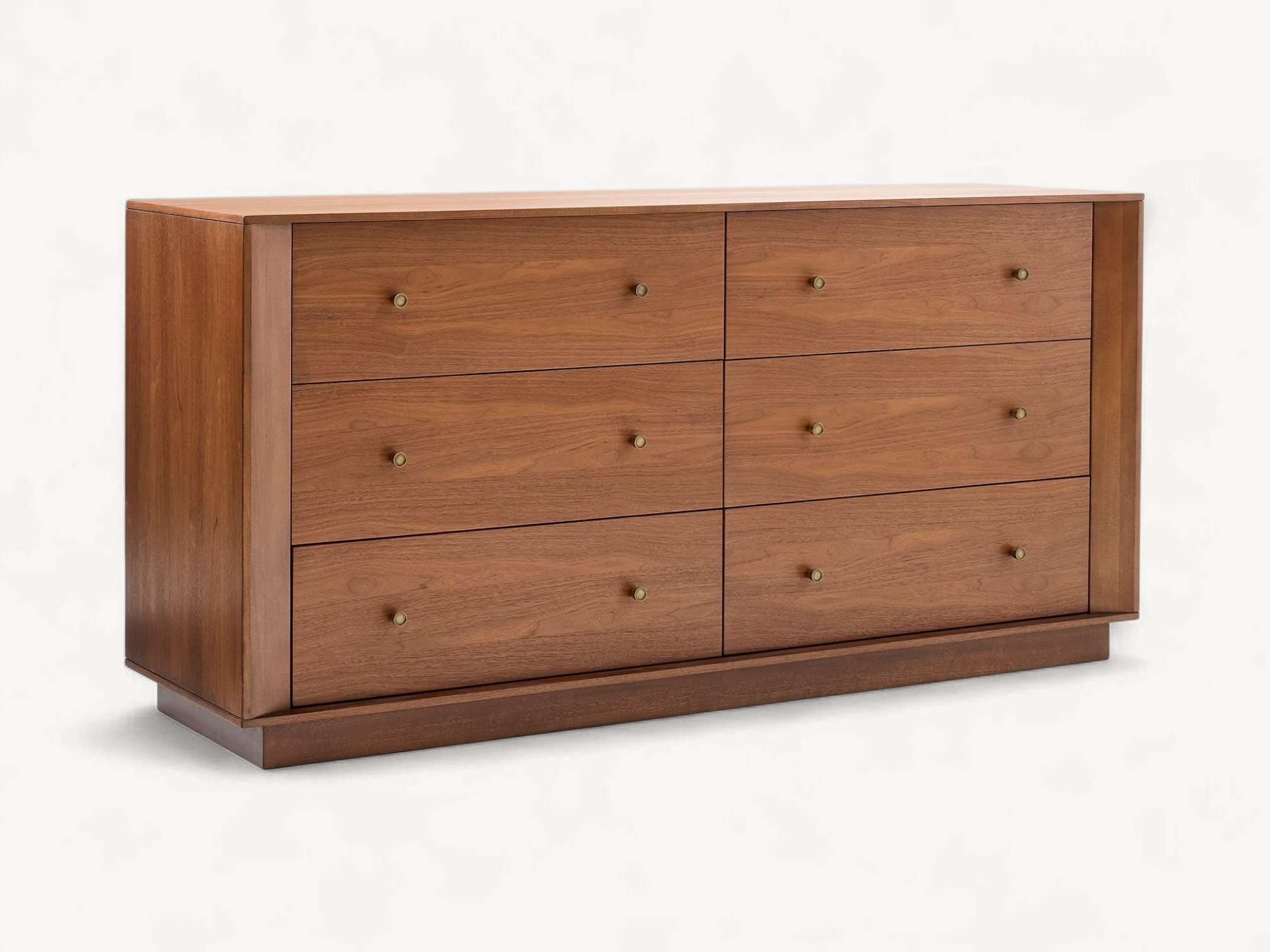 Mid-century solid teak wood 6-drawer dresser with brass handles and plinth base.