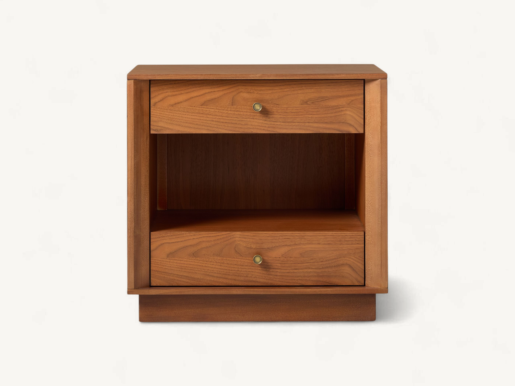 Solid teak wood bedside table featuring two drawers with brass knobs, an open center shelf, and a recessed plinth base.