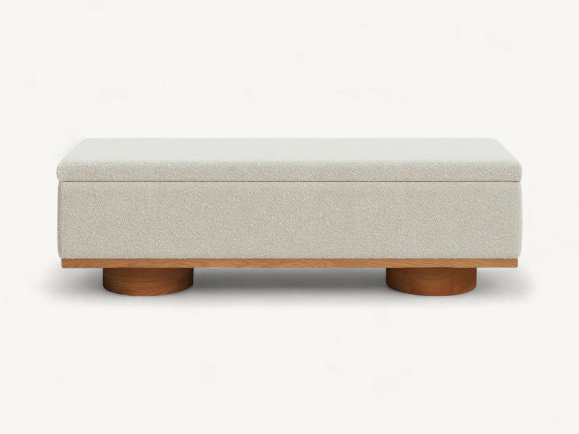 Rectangular grey upholstered storage bench with a hinged lift-top seat and a visible solid teak wood base.