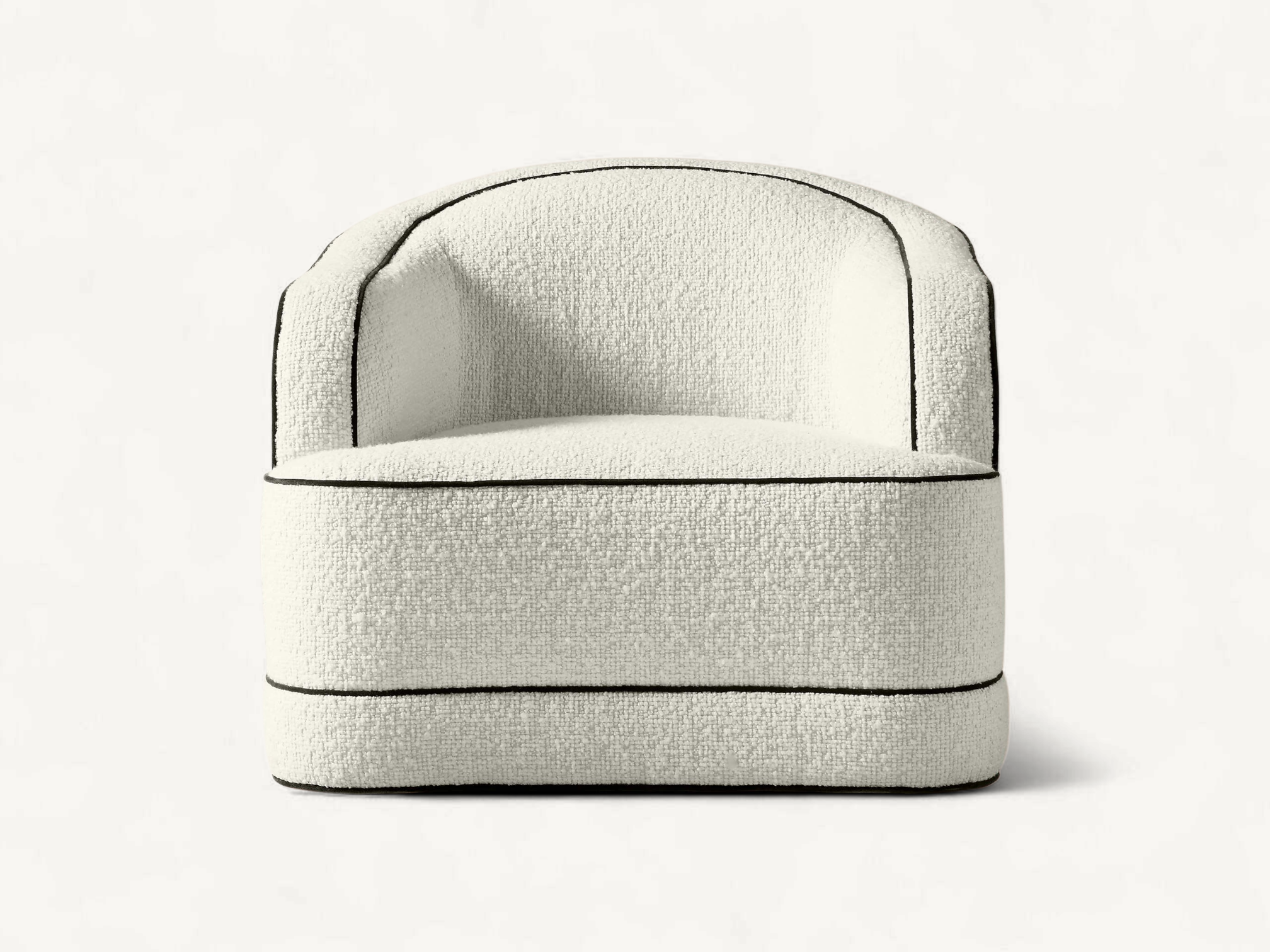 Modern curved single sofa in white bouclé fabric with black piping detail, featuring a minimalist design and premium upholstery for a cozy living room atmosphere.