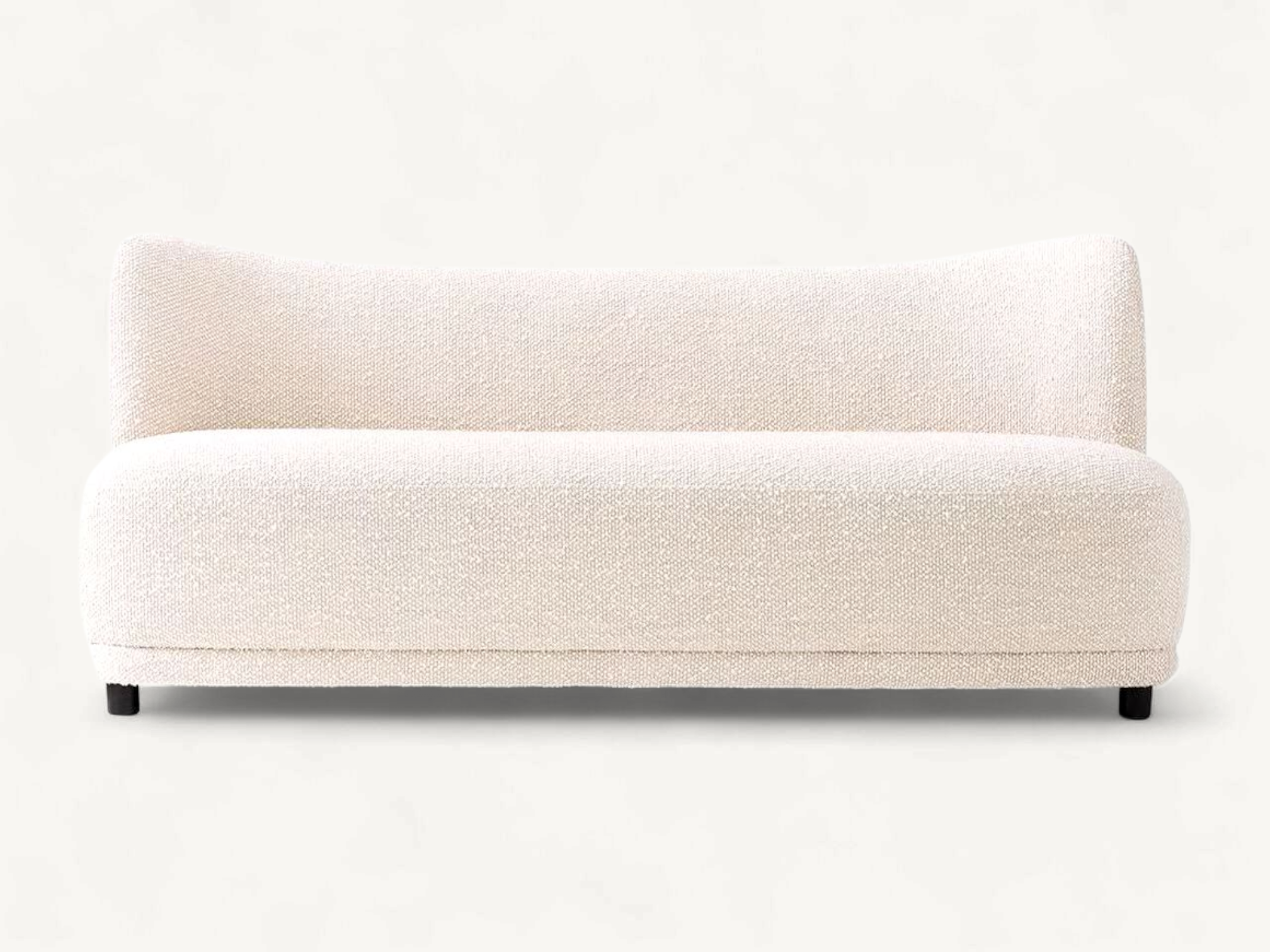 Modern curved cream bouclé sofa with teak wood frame and minimalist black legs.