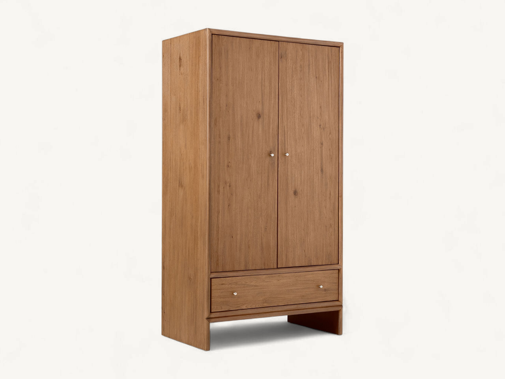 Minimalist solid teak wardrobe with two doors, one bottom drawer, and small silver knobs.