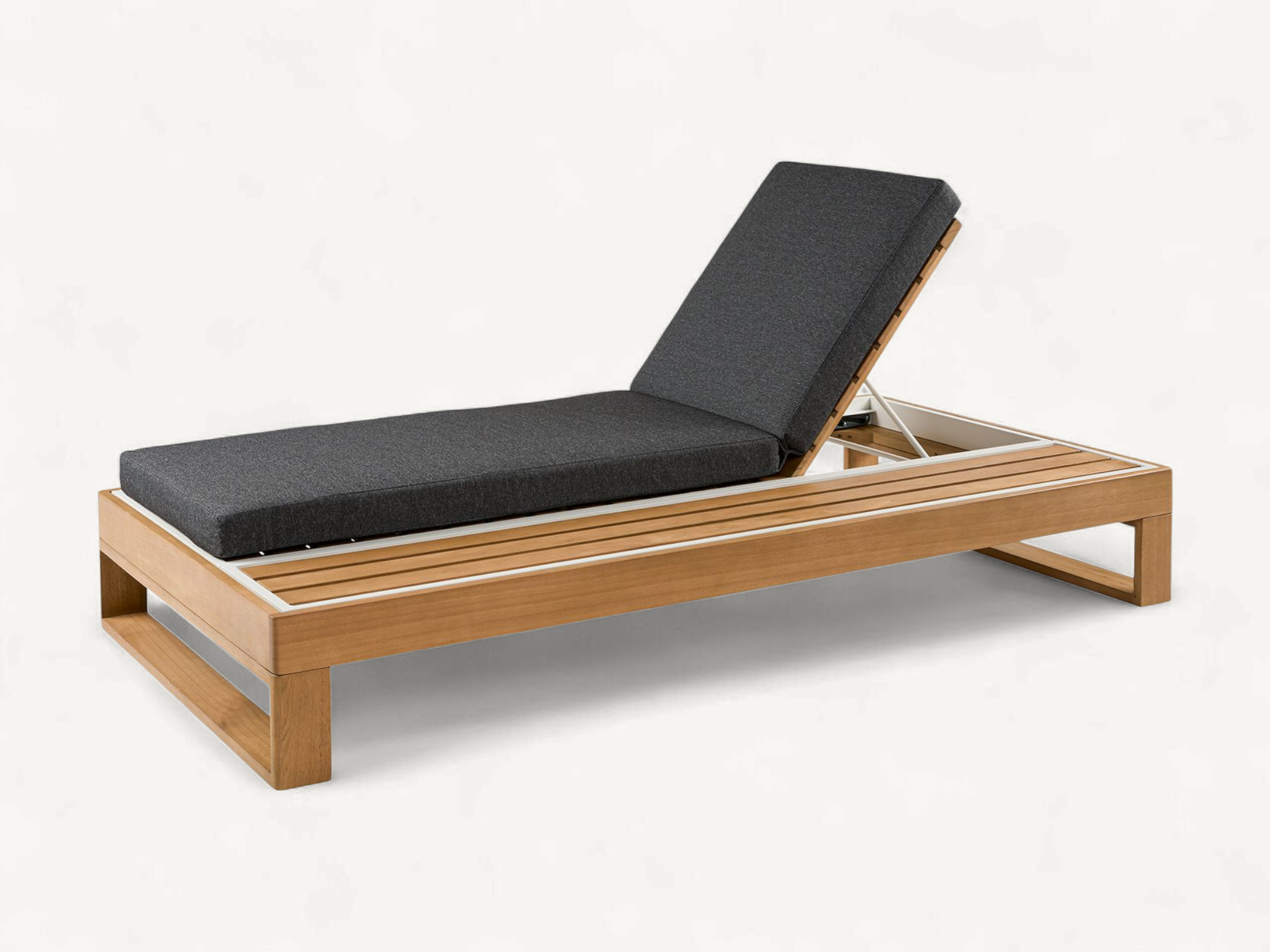 Modern teak wood sunbed with adjustable backrest and charcoal grey cushions for poolside lounge.