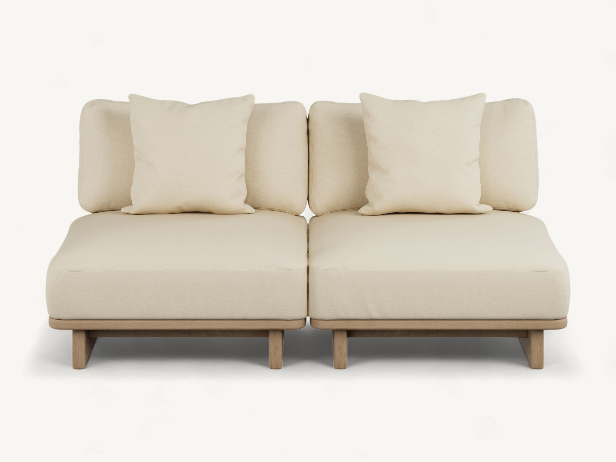 Japandi style armless outdoor sofa made of light-finished teak wood with plush cream cushions.