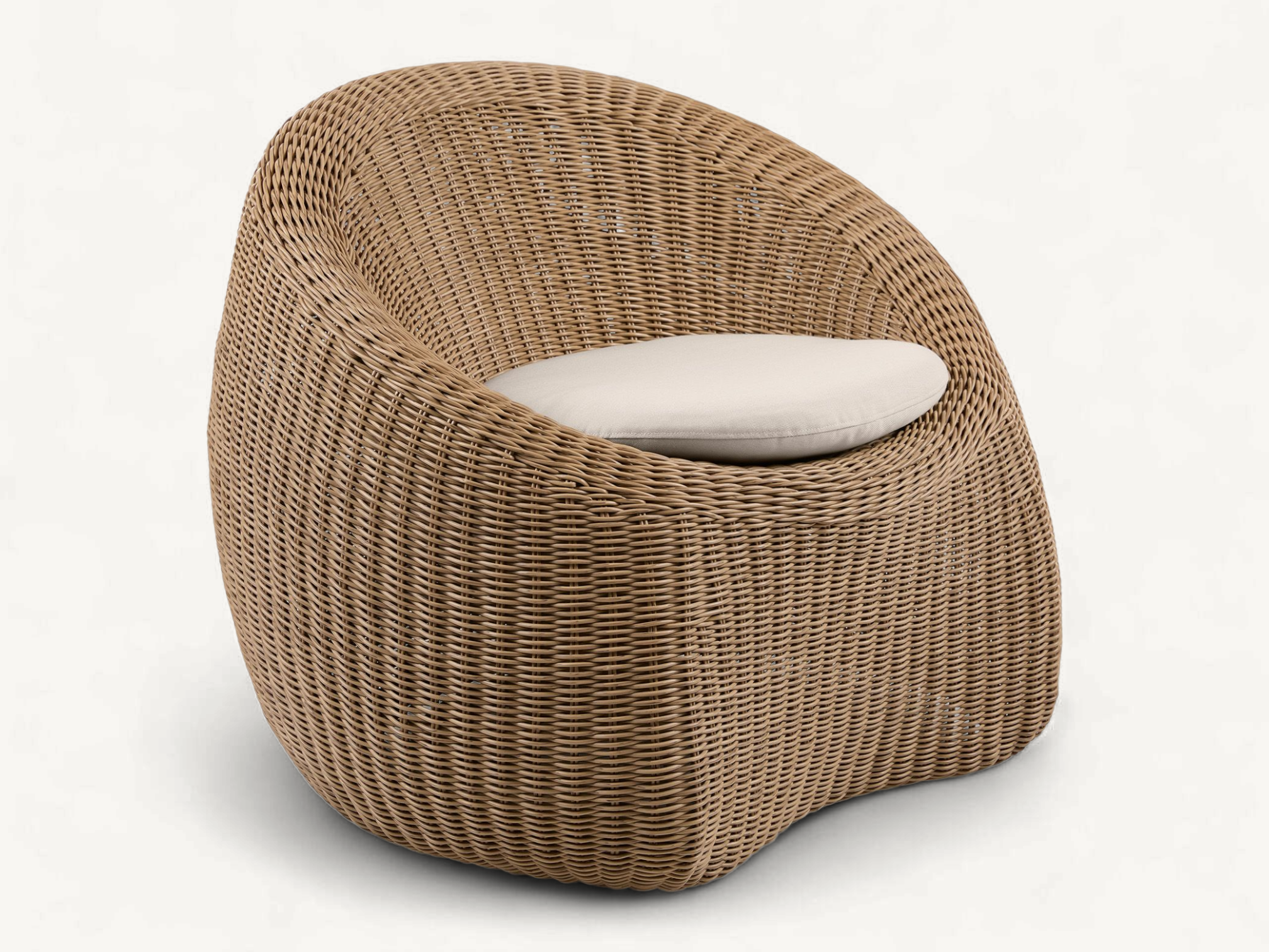 Modern tub-style outdoor single sofa made of light brown synthetic rattan with a cream seat cushion.