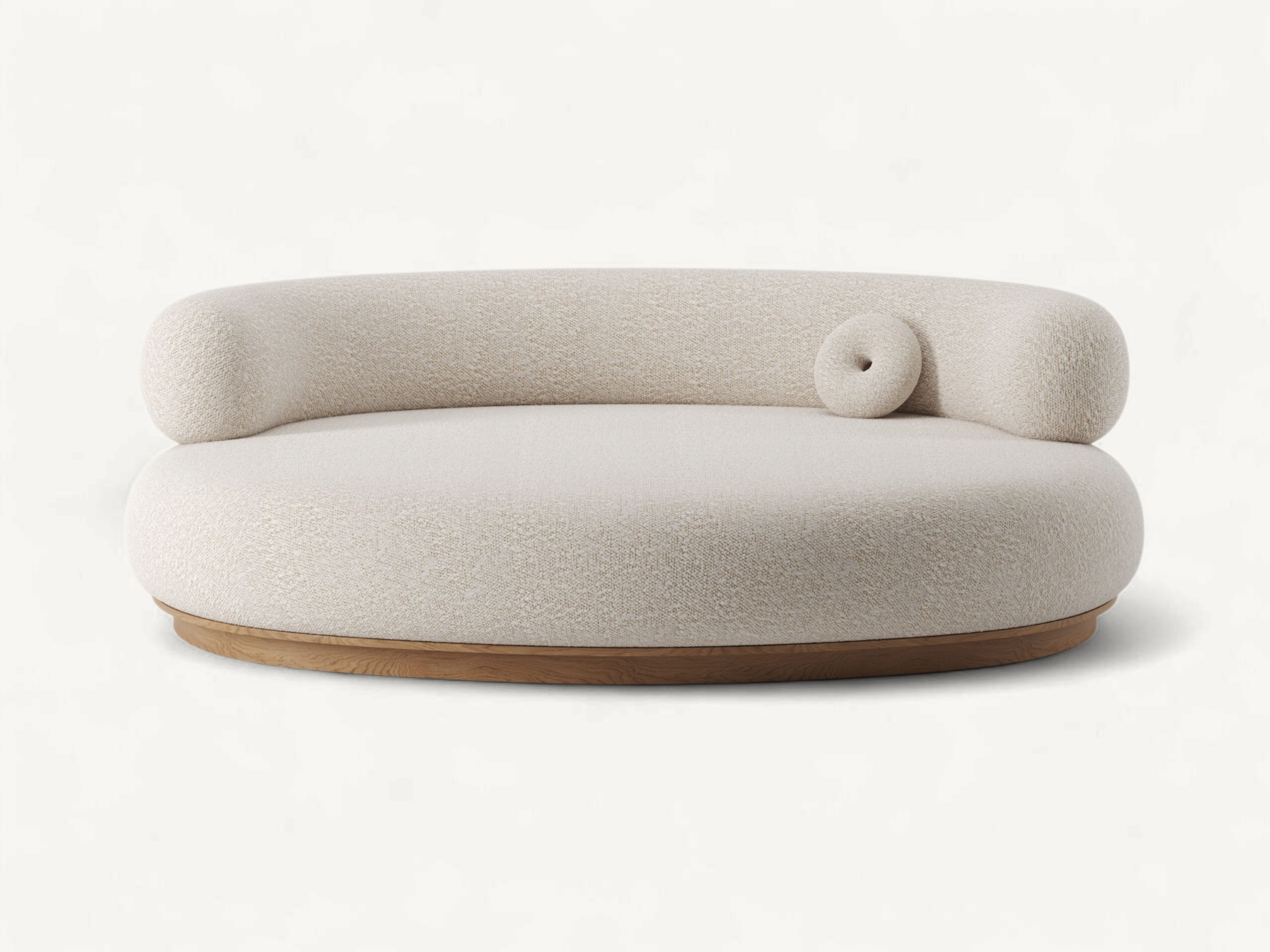 Minimalist Japandi round sofa with cream bouclé upholstery and light oak wooden finish.