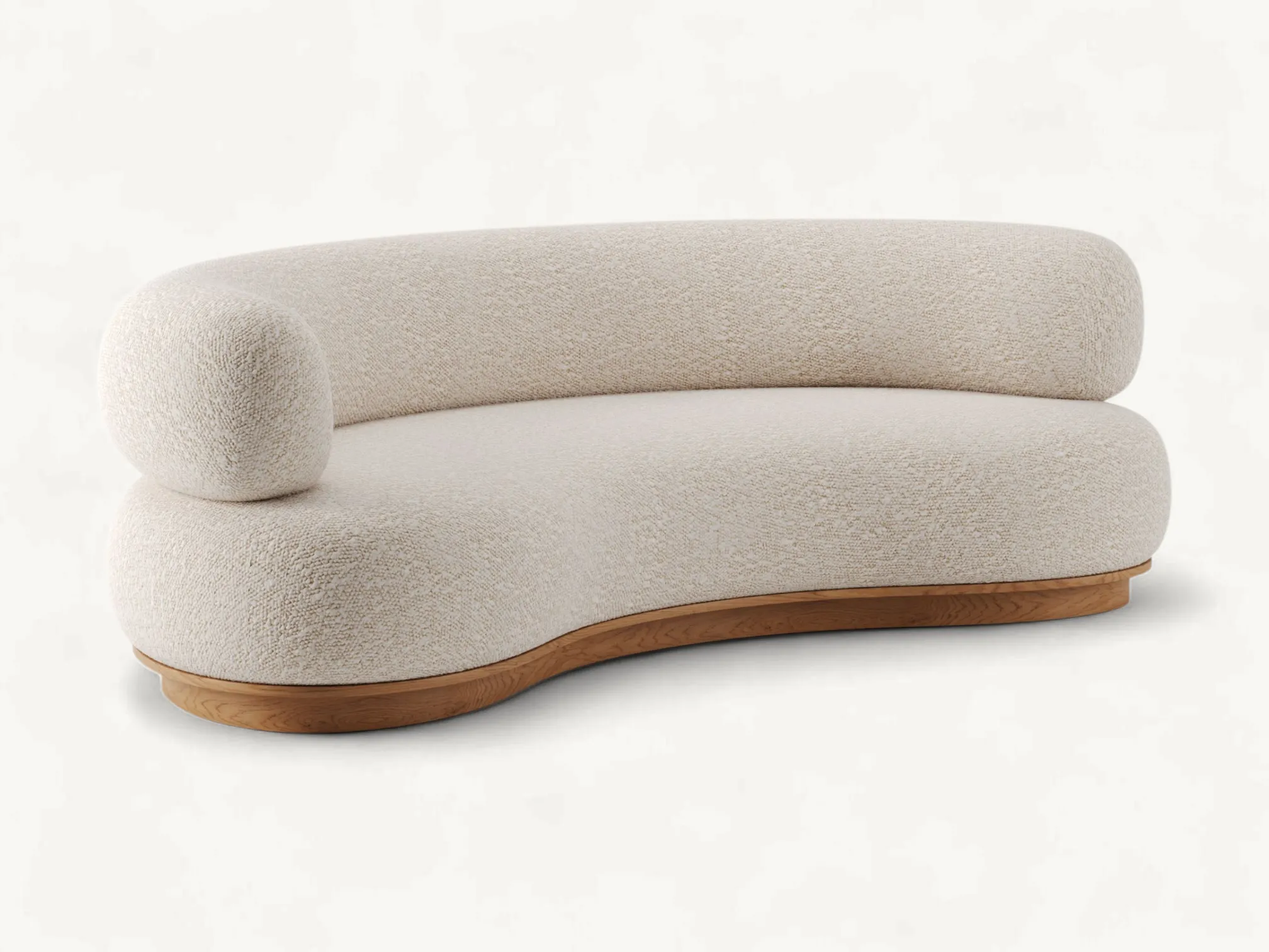 Curved leather daybed with vertical channel tufting and teak wood frame base.