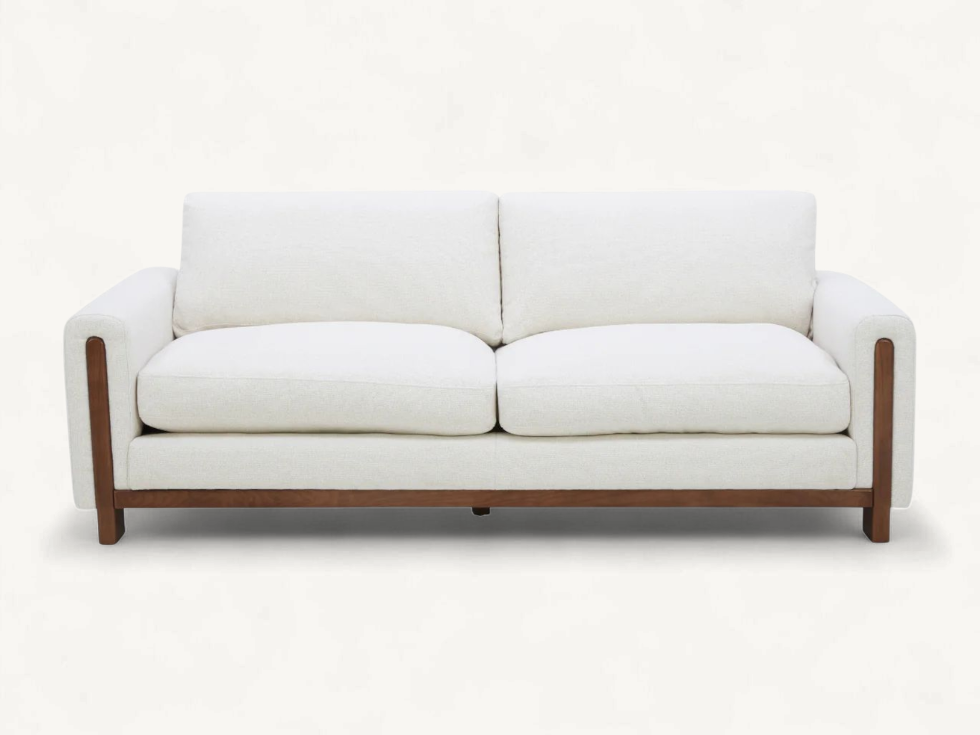 Modern 2-seater sofa with exposed teak wood frame and cream fabric upholstery.
