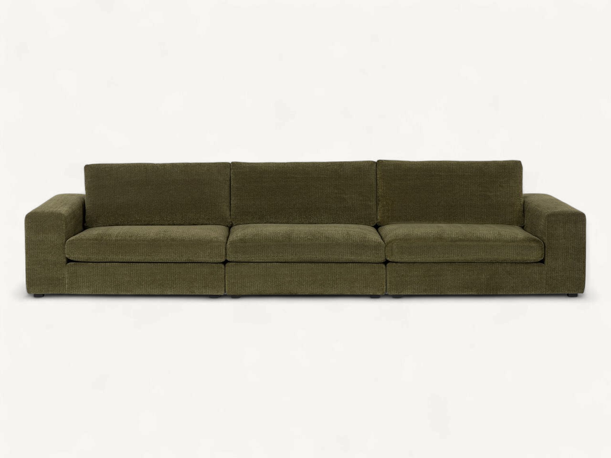 Modern 3-seater modular sofa in olive green corduroy fabric with low-profile design and teak wood internal frame.