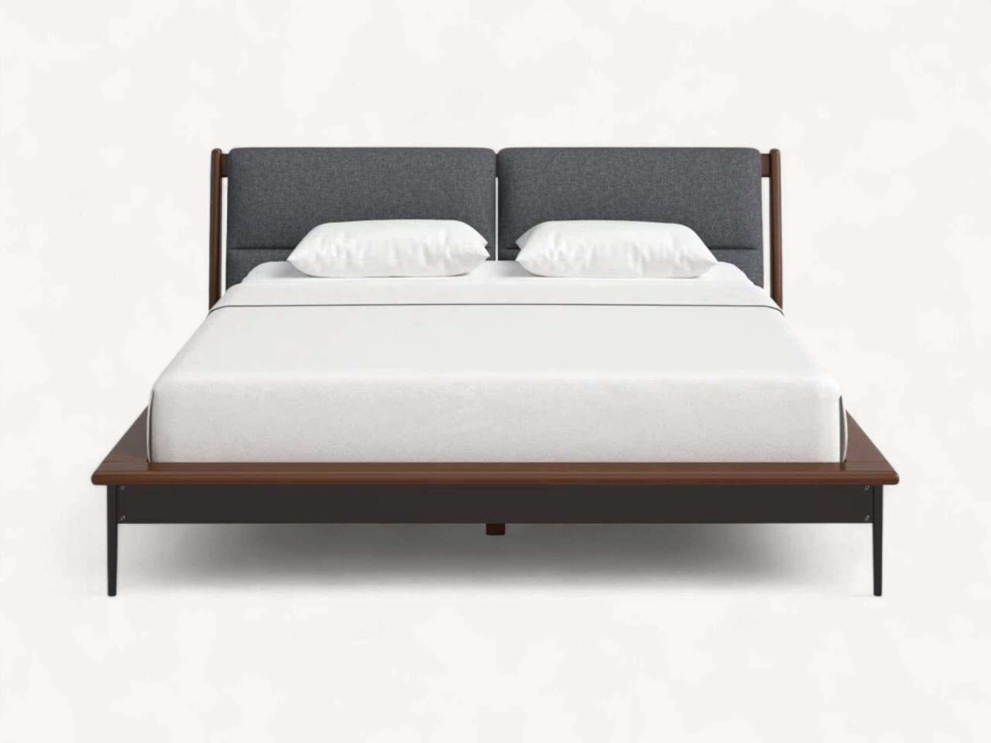 Modern teak wood bed frame with grey upholstered headboard and black metal legs.