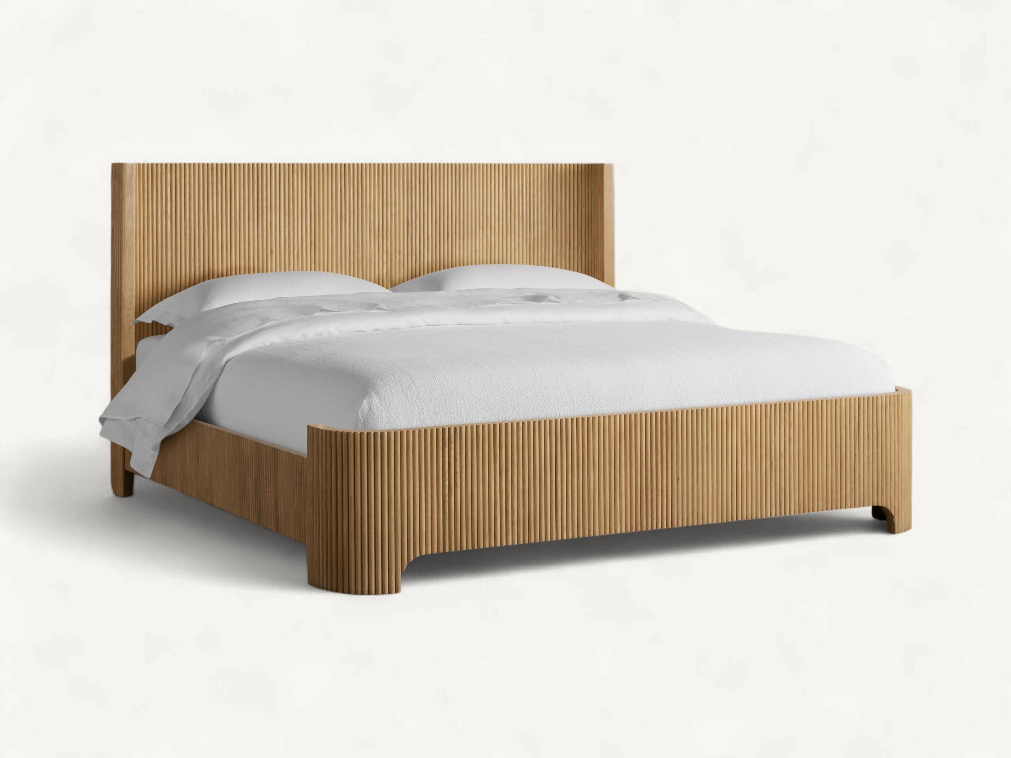 Japandi teak wood bed frame with vertical fluted texture, curved corners, natural finish, and minimalist low-profile design.