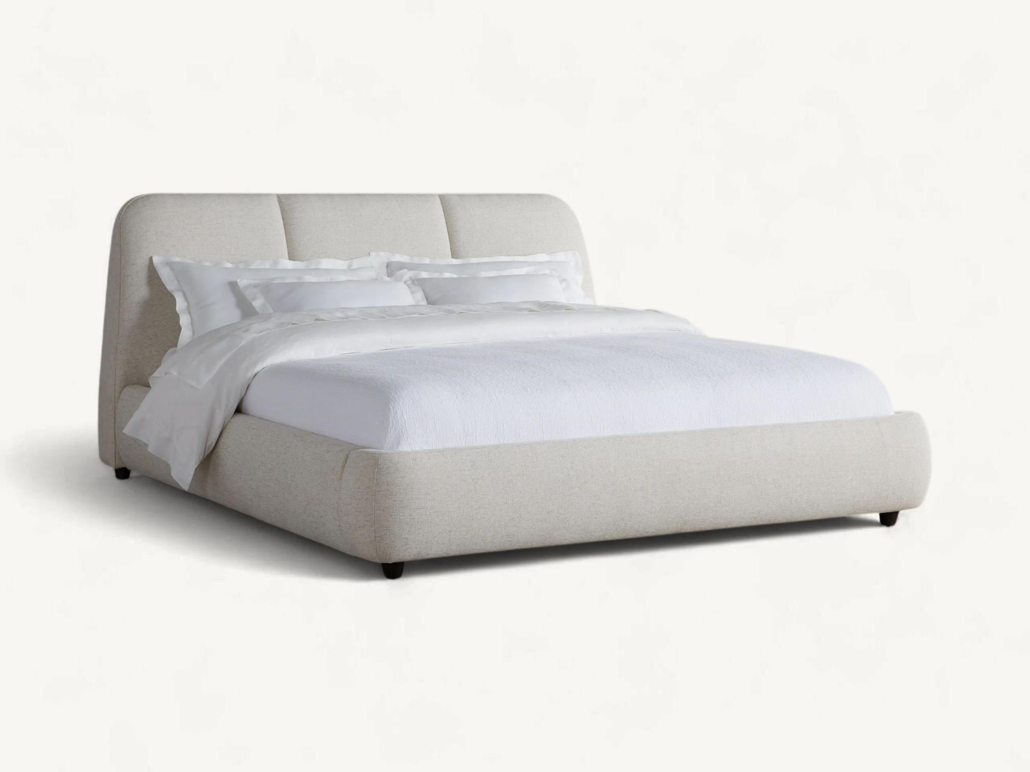 Minimalist upholstered platform bed in beige fabric with internal teak wood frame and low black metal legs.