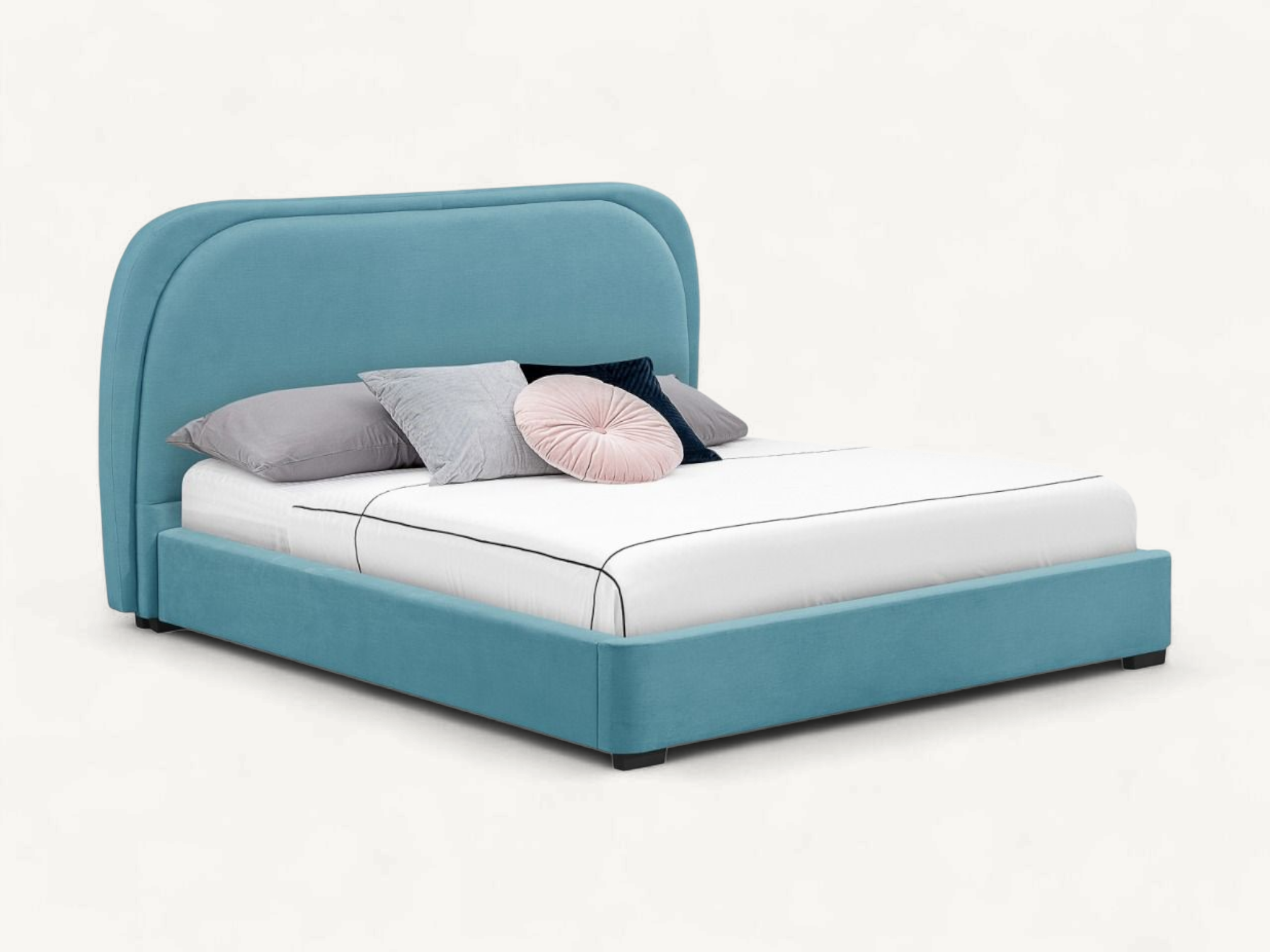 Contemporary fully upholstered bed frame with a chunky rounded headboard and teak wood structure.