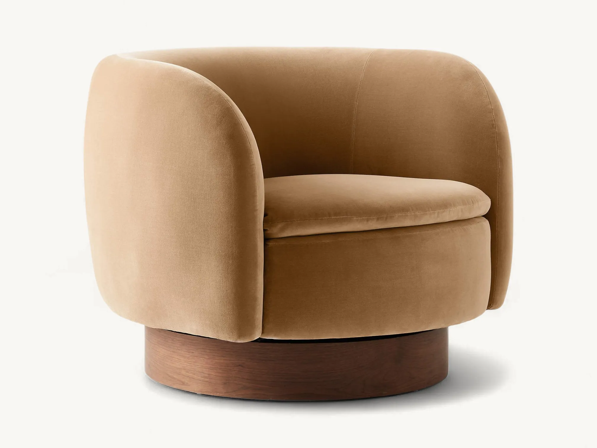 Curved velvet swivel armchair with a round solid teak wood base in a minimalist mid-century style.