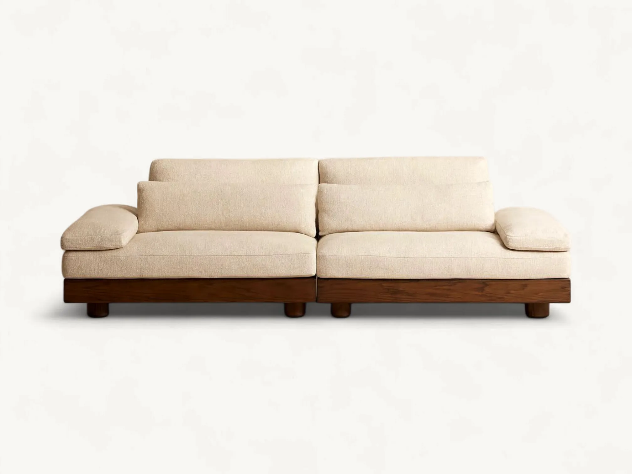 Minimalist 2-seater teak wood sofa with slim frame, tapered legs, and grey upholstery in a clean contemporary design.