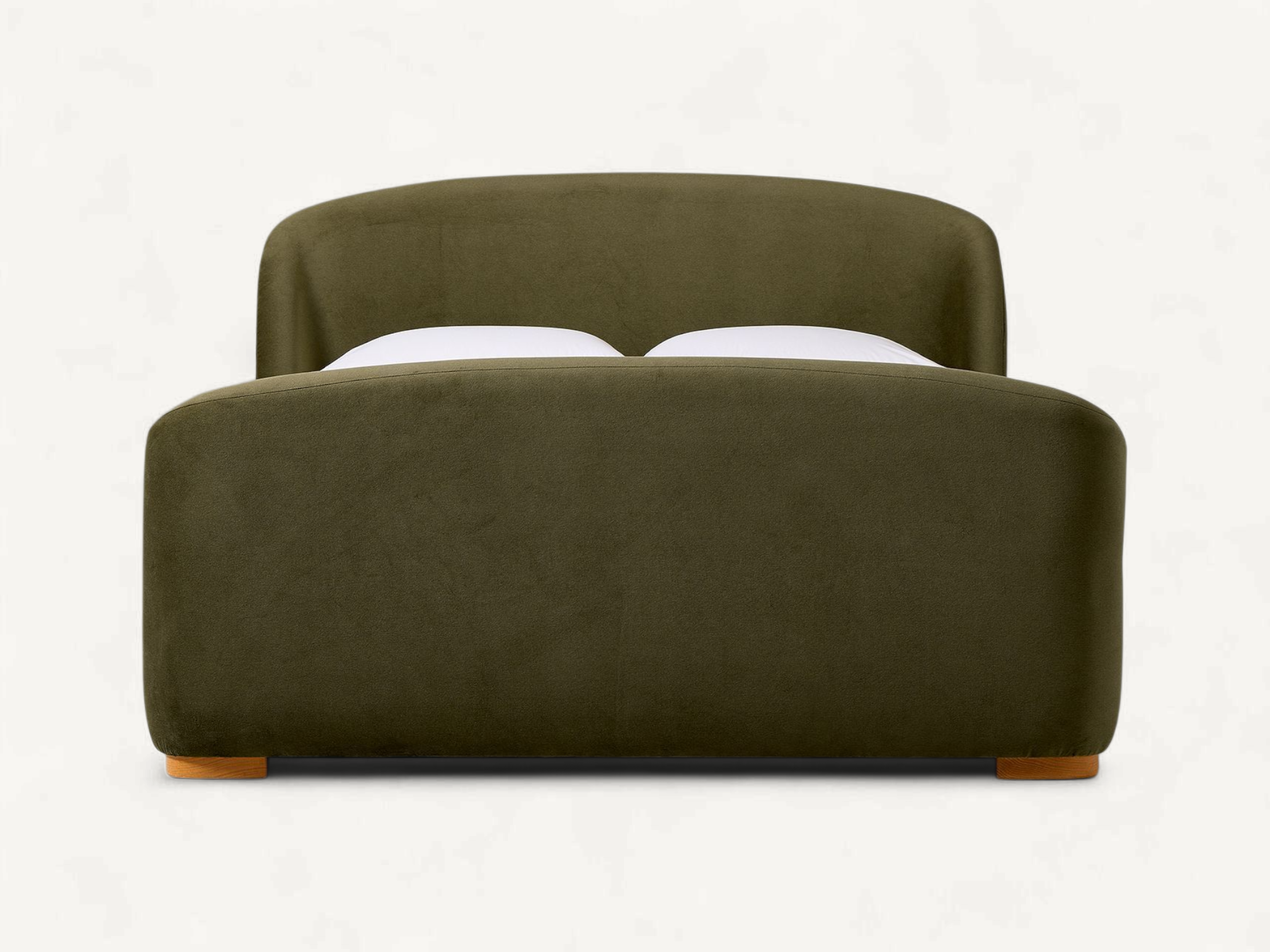 Modern olive green velvet upholstered sleigh bed with solid teak wood feet.