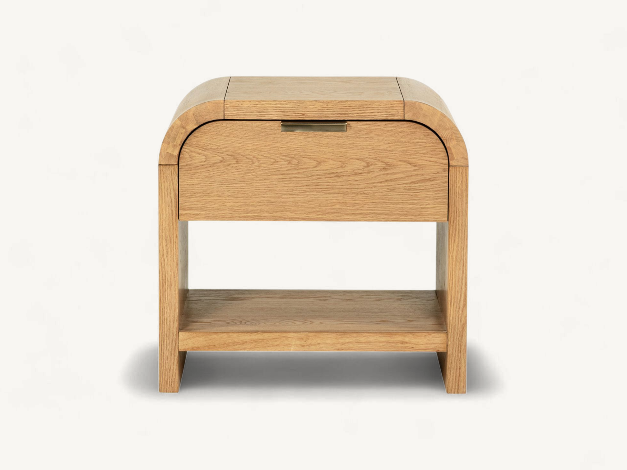 Light teak wood nightstand featuring a unique curved 