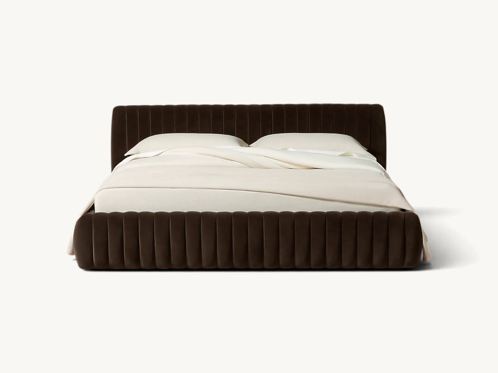 Fully upholstered platform bed frame featuring vertical channel tufting in rich dark brown velvet finish