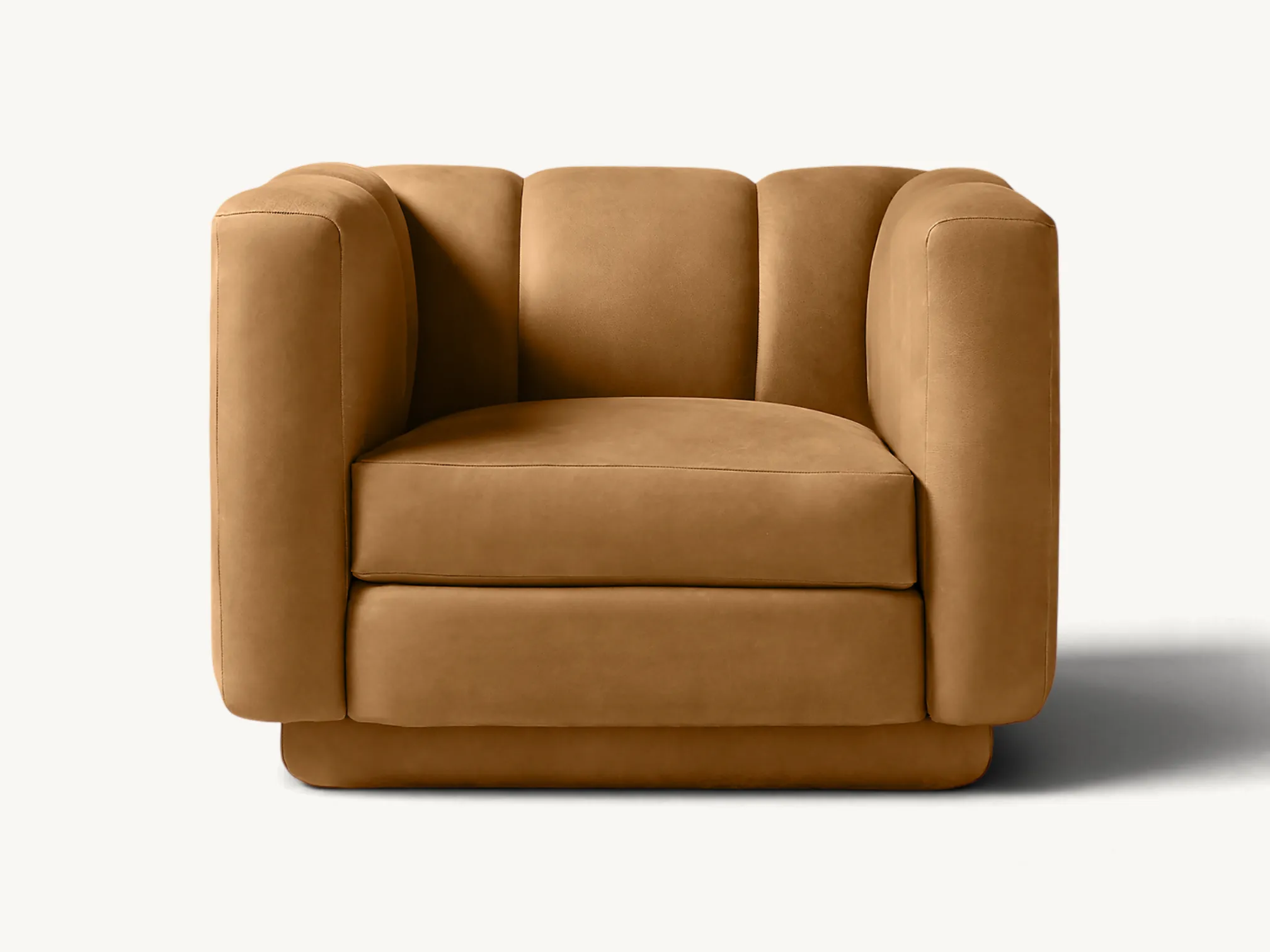 Single lounge armchair with channel tufted backrest and recessed base in tan leather and bouclé finish